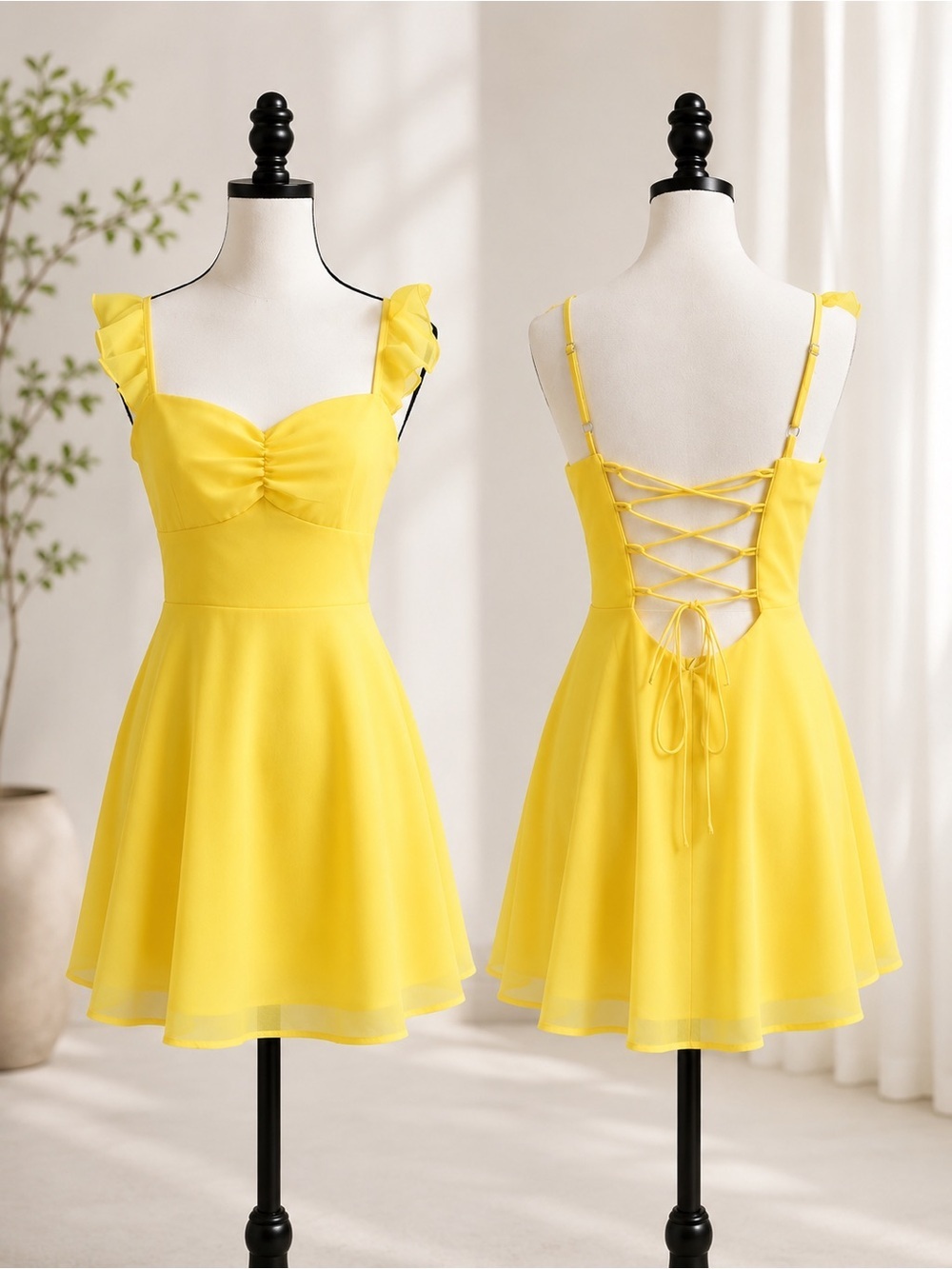 Yellow Ruffle Strap Lace Up Mini Dress - Picture 2 of 7